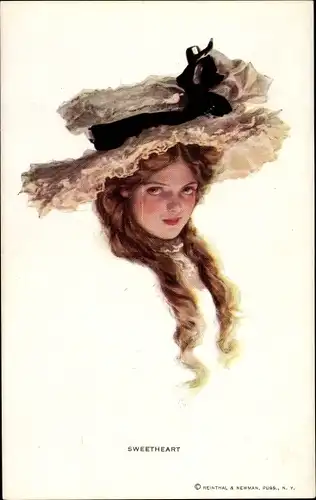 Künstler Ak Fisher, Harrison, Sweetheart, Frauenportrait, Junge Frau mit großem Hut