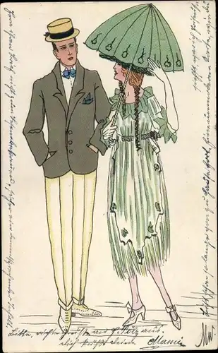 Künstler Ak Frau im grünen Kleid, Schirm, Mann im Anzug