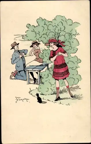 Künstler Ak Liebespaar auf einer Parkbank, Mädchen lauschend hinter Gebüsch