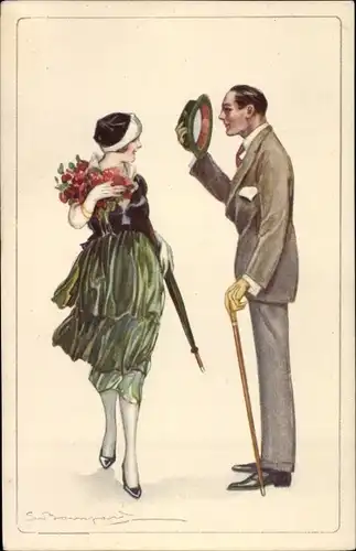 Künstler Ak Bompard, Sergio, Mann mit Hut grüßt eine junge Frau