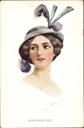 Künstler Ak Bewitching Eyes, Frauenportrait, Junge Frau mit Federhut