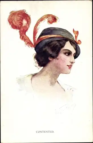 Künstler Ak Contented, Frauenportrait, Junge Frau mit Federhut