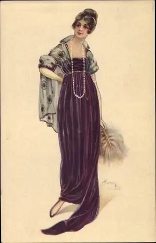 Künstler Ak Frauenportrait, Dame im bodenlangen Kleid, Perlenkette, Federfächer
