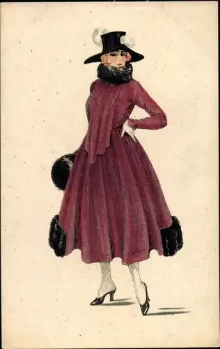 Künstler Ak Dame im roten Mantel, Hut, Pelzbesatz