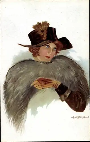 Glitzer Künstler Ak Meschini, G., Frauenportrait, Dame mit Hut, Pelzkragen, Handschuhe