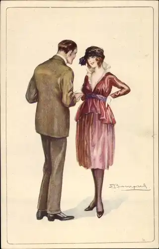 Künstler Ak Bompard, S., Junge Frau und Mann im Gespräch