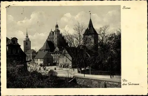 Ak Żary Sorau Niederlausitz Ostbrandenburg, Die drei Getreuen, Stadtansicht