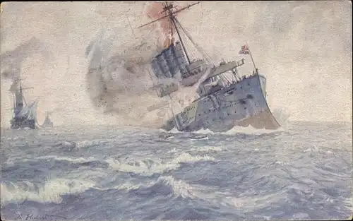 Künstler Ak Hubert, Deutsches U Boot, U 9 vernichtet englischen Kreuzer Aboukir und Cressy