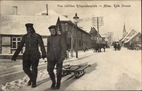 Ak Jelgava Mitau Lettland, Katholische Straße, Deutsche Soldaten, Transportschlitten, I. WK