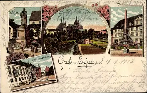 Litho Erfurt in Thüringen, Monumentalbrunnen, Dom, Severikirche, Luther Denkmal, Regierungsgebäude