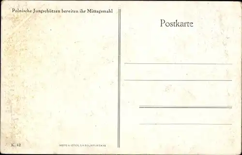 Ak Polnische Jungschützen bereiten ihr Mittagsmahl, Kochtöpfe, Soldaten