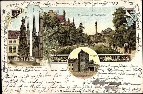 Litho Halle an der Saale, Promenade mit Stadttheater, Siegesdenkmal