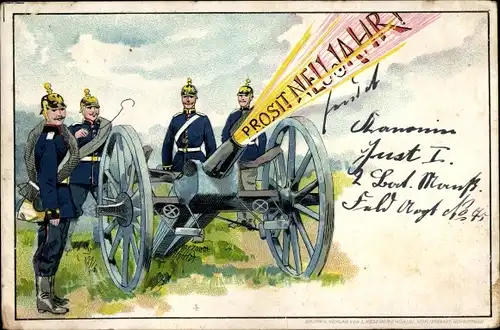 Litho Glückwunsch Neujahr, Deutsche Soldaten in Uniformen, Geschütz
