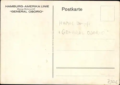 Künstler Ak Motorschiff General Osorio, Dampfschiff, HAPAG