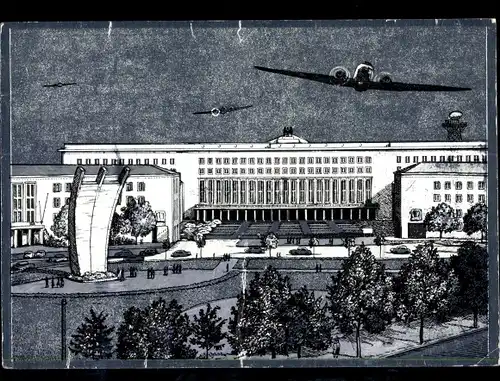 Künstler Ak Berlin Tempelhof, Flughafen mit Luftbrückendenkmal