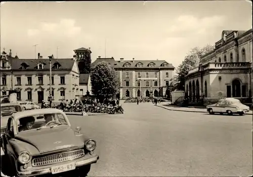 Ak Crimmitschau in Sachsen, Bahnhofsvorplatz, Bahnhof, Postamt, Autokennzeichen X052-87