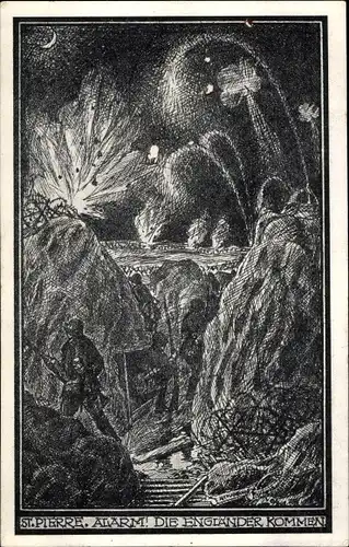 Künstler Ak St. Pierre, Alarm, Die Engländer kommen