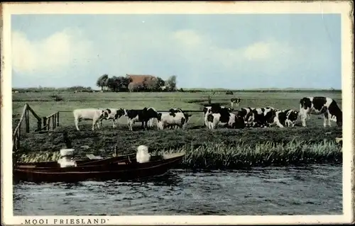 Ak Mooi Friesland, Kühe am Flussufer, Boot