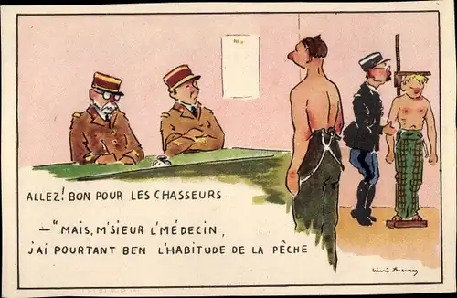 Künstler Ak Allez, Bon pour les chasseurs, französische Soldaten, Untersuchung, Ärzte