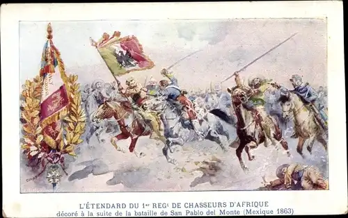 Künstler Ak San Pablo del Monte Mexiko, L'Etendard du 1er Reg. de Chasseurs d'Afrique, Bataille 1863
