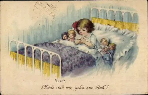 Künstler Ak Frank, Elly, Müde sind wir, gehn zur Ruh, Mädchen beim Nachtgebet, Puppen