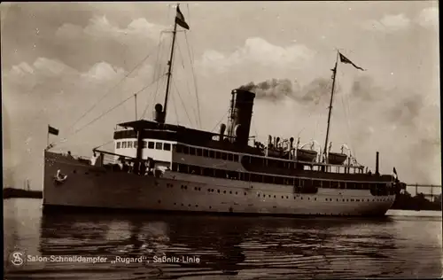 Ak Salonschnelldampfer Rugard der Saßnitz Linie, Reederei Braeunlich Stettin