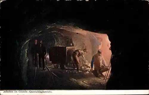Künstler Ak Arbeiten im Gestein, Querschlag Betrieb, Bergbau unter Tage