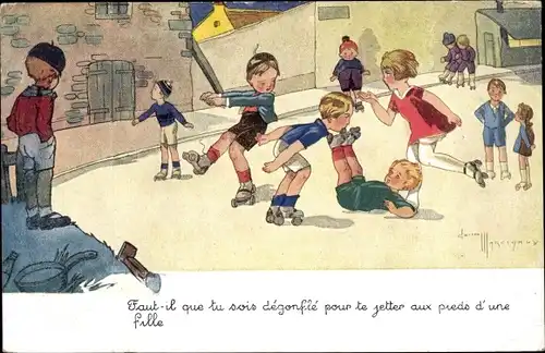 Künstler Ak Faut il que tu sois degonfle pour te jetter aux pieds, Kinder auf Rollschuhen