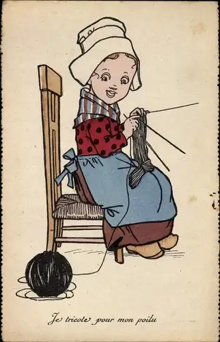 Ak Je tricote pour mon poilu, Frau strickt für französischen Soldaten