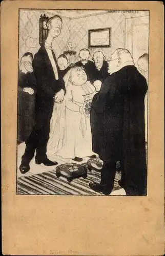 Künstler Ak Dünner langer Mann und dicke kleine Frau heiraten, Hochzeit