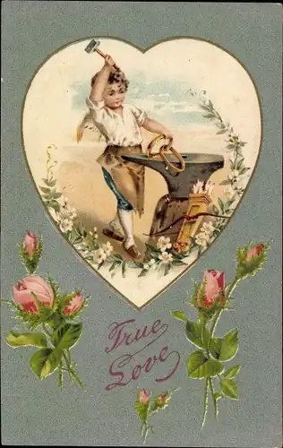 Präge Ak True Love, Engel schmiedet Ringe, Amor, Amboss