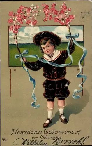 Präge Litho Glückwunsch Geburtstag, Junge mit Blütenzweigen