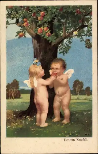 Künstler Ak Der erste Reinfall, Engel, Apfelbaum
