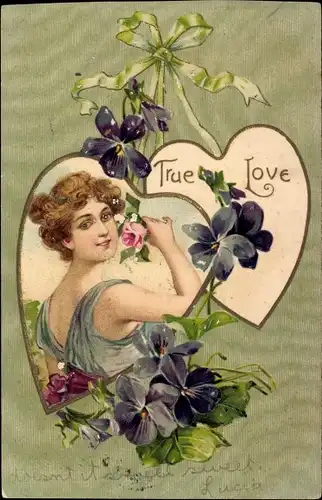 Präge Litho True Love, Frauenportrait, Veilchen