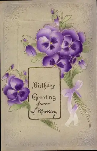 Präge Litho Glückwunsch Geburtstag, Lila Stiefmütterchen