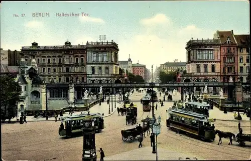 Ak Berlin Kreuzberg, Verkehr am Halleschen Tor, Straßenbahnen, Kutschen