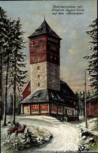 Künstler Ak Bärenstein Erzgebirge, Unterkunftshaus auf dem Bärenstein, Friedrich August Turm, Winter