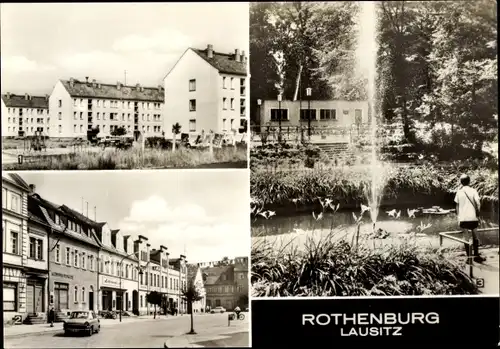 Ak Rothenburg in der Oberlausitz, Neubauten, Karl-Marx-Platz, Naturschutzpark, Fontäne