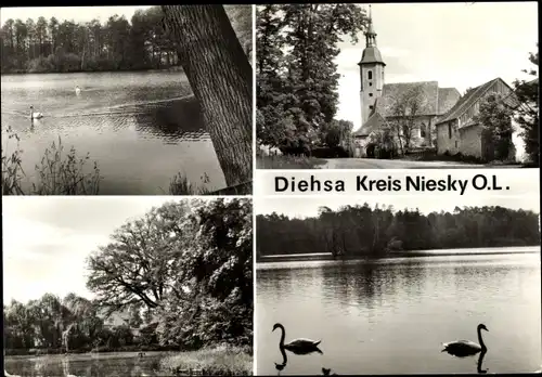 Ak Diehsa Waldhufen in der Oberlausitz, See, Kirche