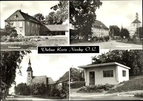 Ak Diehsa Waldhufen in der Oberlausitz, Oberschule, Kirche, Volksgaststätte, Bushaltestelle