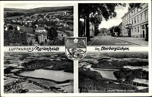 Ak Marienheide Oberbergischer Kreis, Hauptstraße, Brucher Talsperre, Blick auf den Ort, Wappen