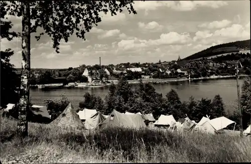 Ak Saalburg in Thüringen, Am Stausee der Bleiloch-Saaletalsperre, Zeltplatz am Saalburger Bad