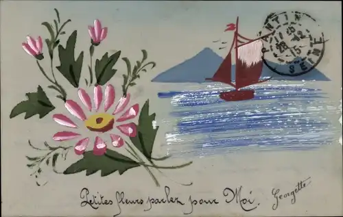 Zelluloid Ak Segelboot, Berge, Blumen