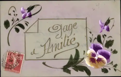 Zelluloid Ak Amitie, Stiefmütterchen, Kitsch