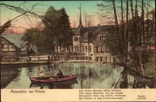 Ak Dresden Pillnitz, Meixmühle im Friedrichsgrund, Gedicht, Ruderboot