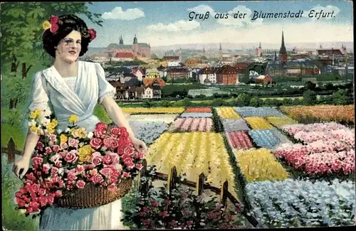 Ak Erfurt in Thüringen, Blumenfeld, Blumenmädchen, Stadt