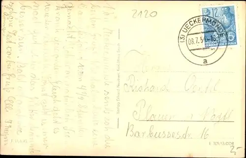 Ak Ueckermünde, Teilansicht, Boote, Ufer