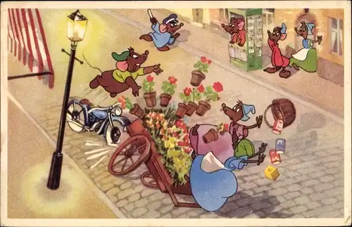 Künstler Ak Disney, Maus auf Motorrad fährt Blumenwagen um, Polizeimaus, Unfall
