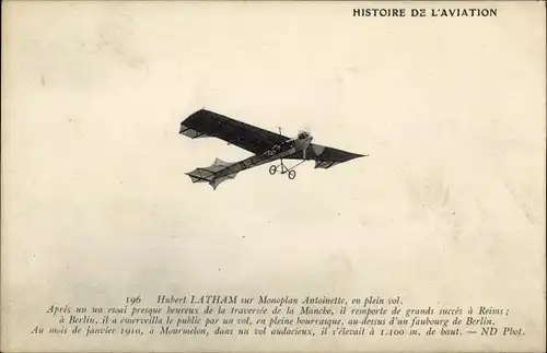 Ak Histoire de l'Aviation, Hubert Latham sur Monoplan Antoinette