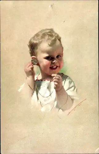 Künstler Ak Kleiner Junge mit Taschenuhr in der Hand